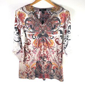 Style & Co Women's Boho Top Embellished Beaded Yoke‎ & Butterfly Sleeves Sz Med